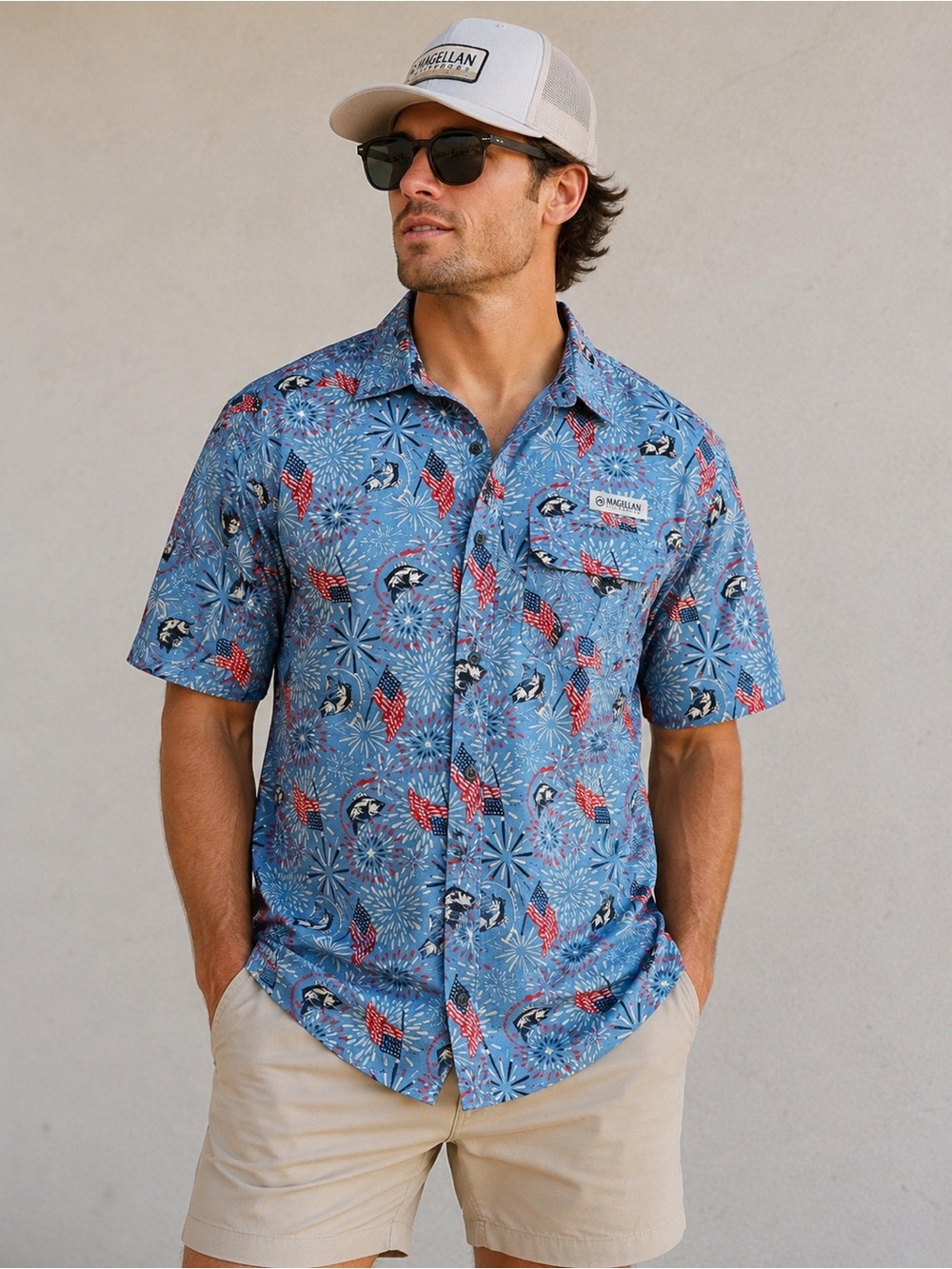 Magellan Outdoors Blue Firework Print Shirt